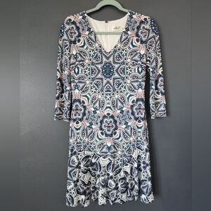 Eliza J Print Knit A-Line Minidress Paisley Pink Blue V-Neck Feminine Ruffle Hem